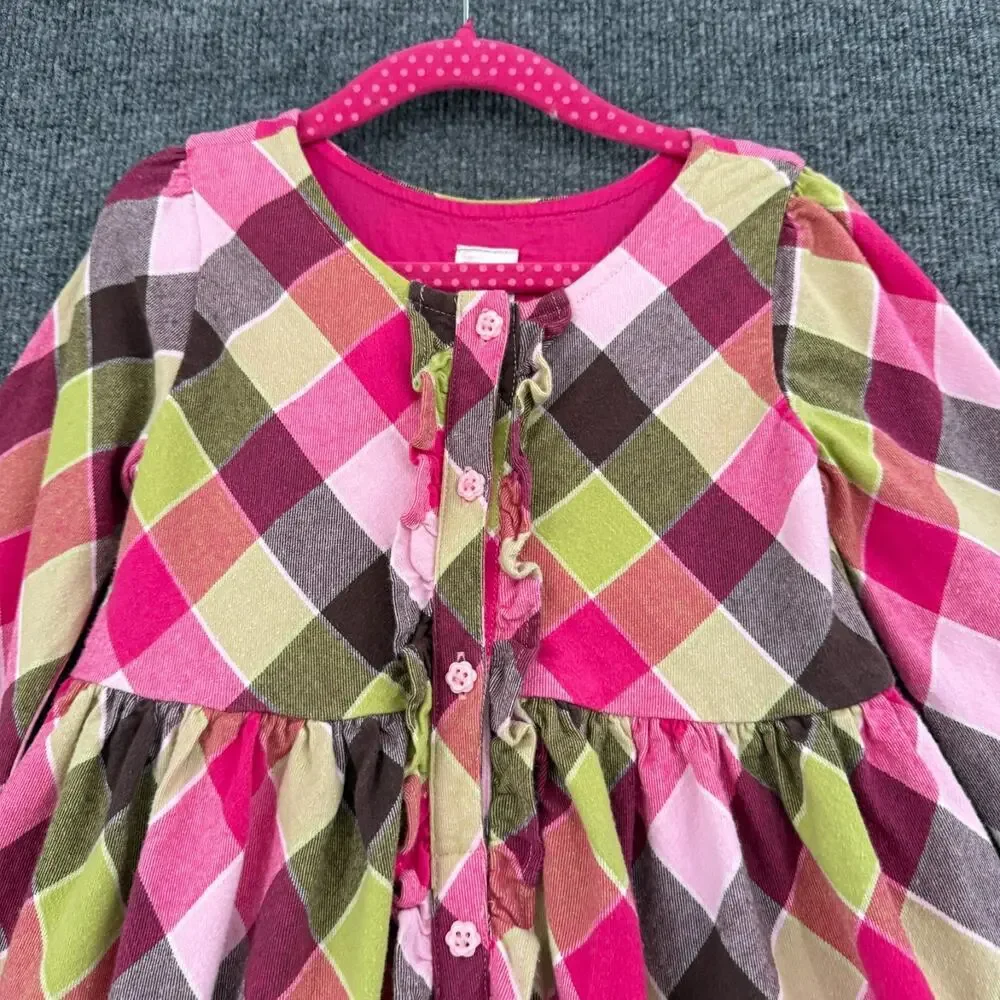 Gymboree Girls Dress Size 5 Plaid Flannel Long Sleeve Ruffled Lined 100% Cotton